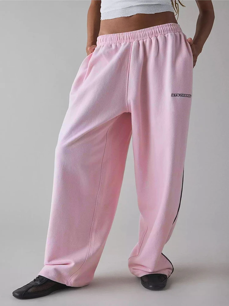 HOUZHOU Gray Y2k Letter Embroidery Women Sweatpants Casual Loose Pink Joggers Wide Leg Straight Pants Classic Sports Trousers