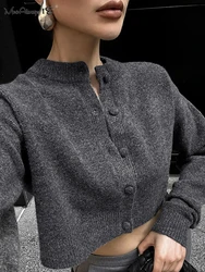 Mnealways18 Knitted Cardigan Basic Tops Women Winter 2024 Inner Button Cropped Sweater Autumn Office Ladies Slim Gray Sweater