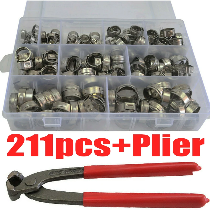 

211 Pcs 5.8-21mm 304 Stainless Steel Single Ear Hose Clamp Crimping Kit With Red Clamp Pliers Pipe Clamp Woodworking Clamps