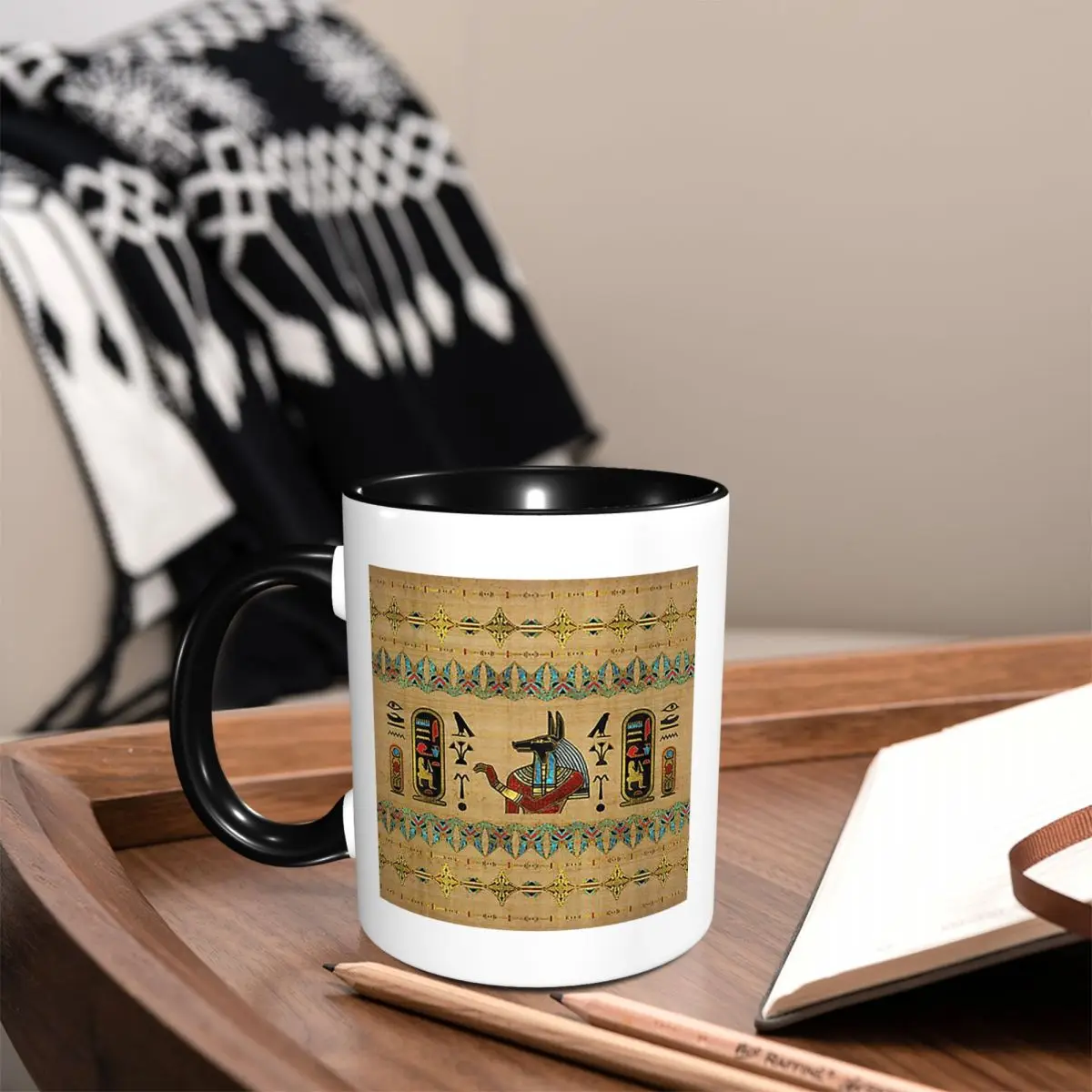 Egyptian Anubis Ornament On Papyrus Mug Funny Ceramic Coffee Cups Tea Mugs Milk Cup Drinkware Gift for Friends