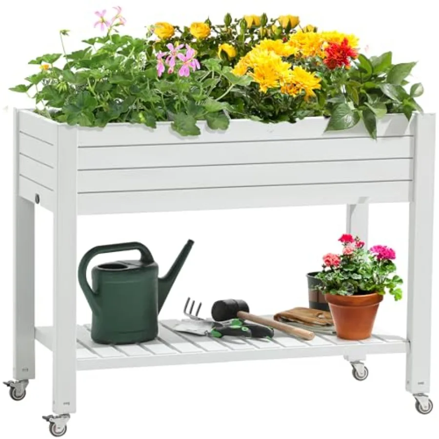 43.3x17.7x34 in Elevated Garden Bed, Outdoor Plastic Planter Box with Wheels, Legs, Drain Plug, and Storage Shelf for Plants, V