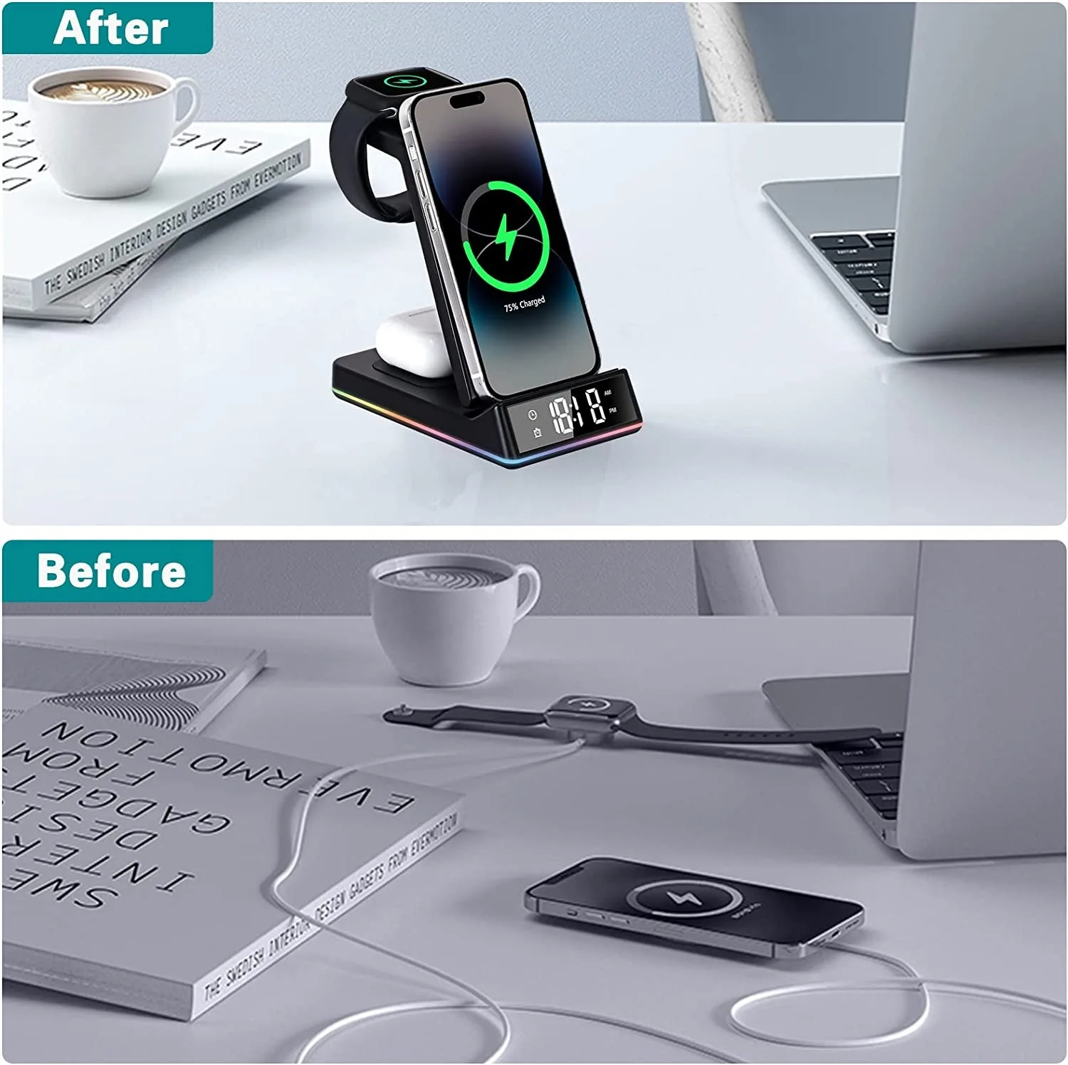 15W 5 Trong 1 Đế Sạc Không Dây Đồng Hồ Miếng Lót Cho iPhone 14 13 12 11 8 Đế Sạc Không Dây Dành Cho đồng Hồ Apple 8 7 6 SE AirPods Pro 2