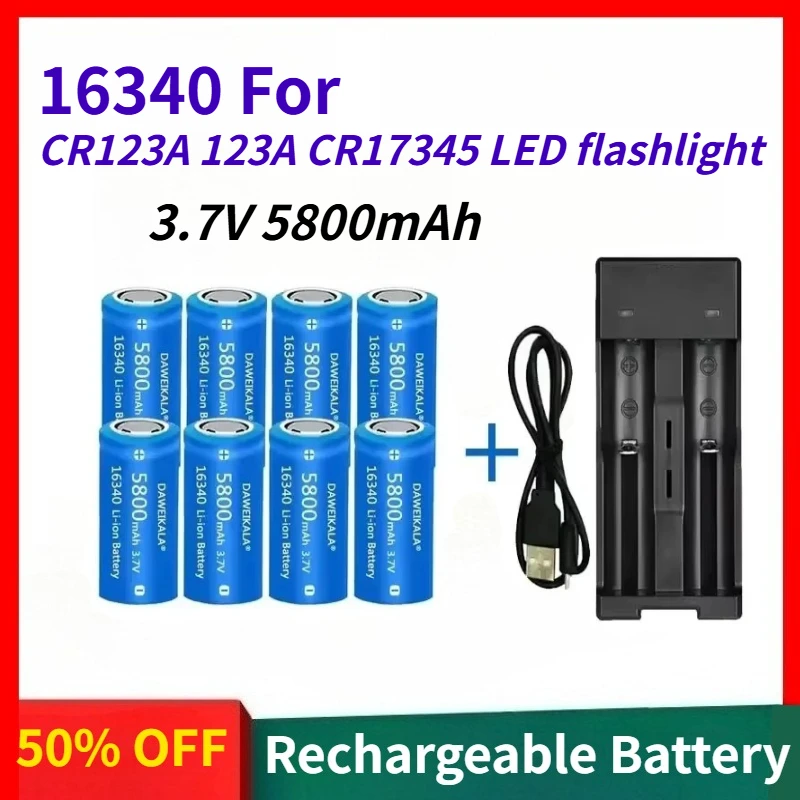 

3.7V 5800mAh 16340 Rechargeable Lithium Ions Battery with Wall Charger Is Suitable for CR123A 123A CR17345 LED Flashlight