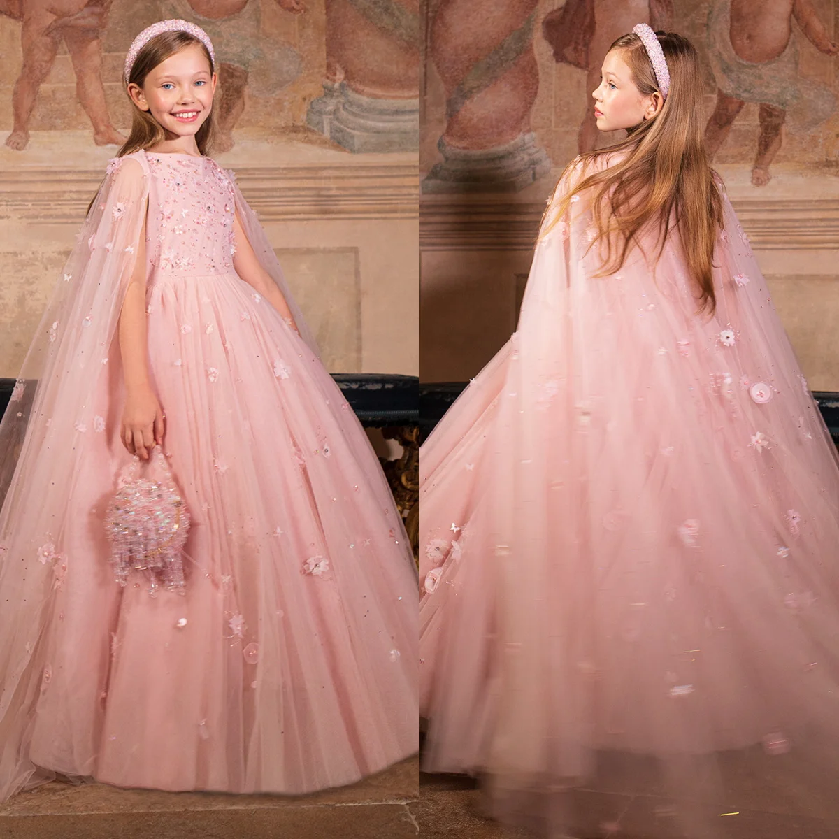 Pink Flower Girl Dresses With Cape Girl's Birthday Gowns Floral Customized Newborn Baby Infant Toddler First Communion Dresses
