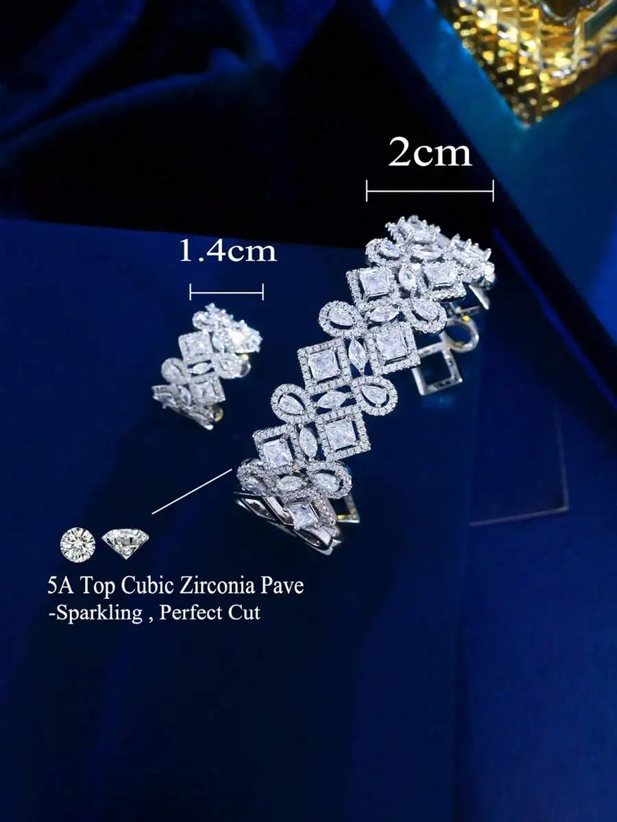 

Stunning 5A Cubic Zirconia Geometric Open Cuff Bracelet And Ring Set For Women Wedding Bridal Party Accessories