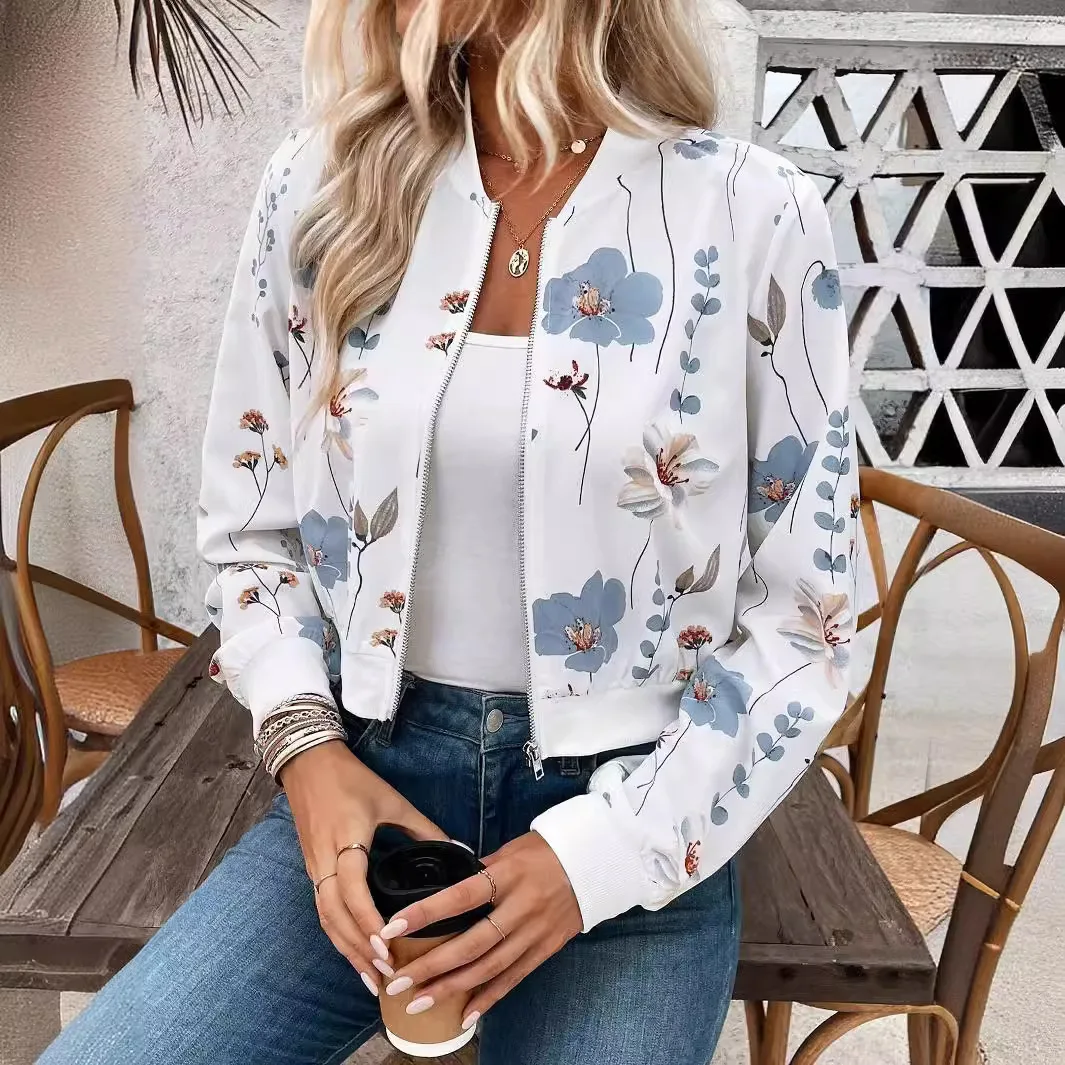 

Europe and America 2025 Autumn and Winter Elegant Women's Zipper Flower Print Long-sleeved Short Casual Jacket