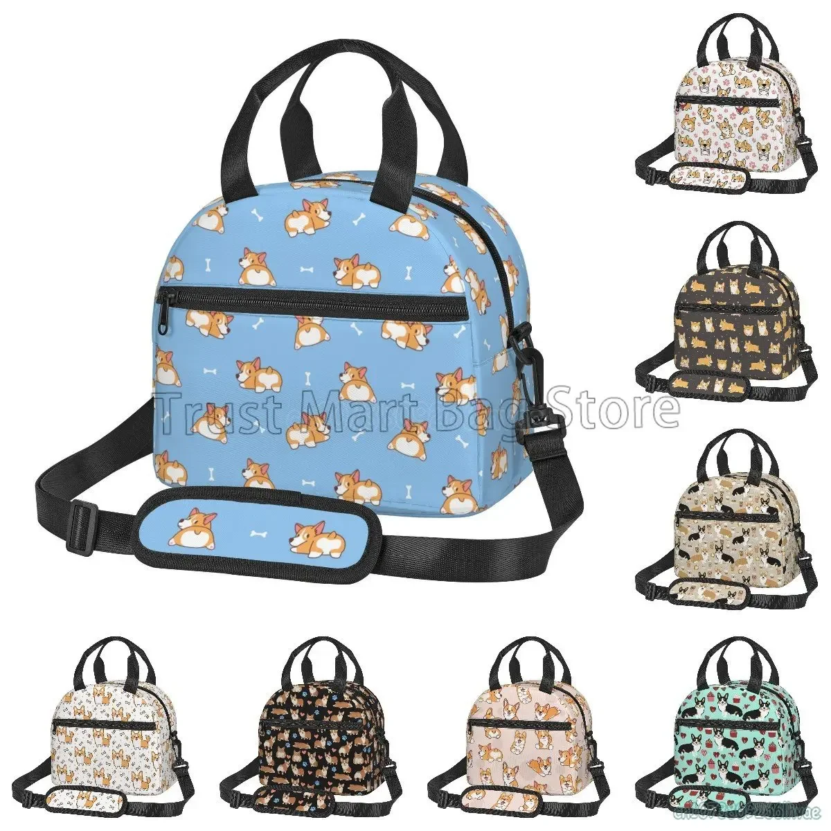 Cute Corgi Dogs Thermal Lunch Bags for Women Children Funny Kawaii Corgi Animal Insulated Lunch Box Tote Bag with Shoulder Strap