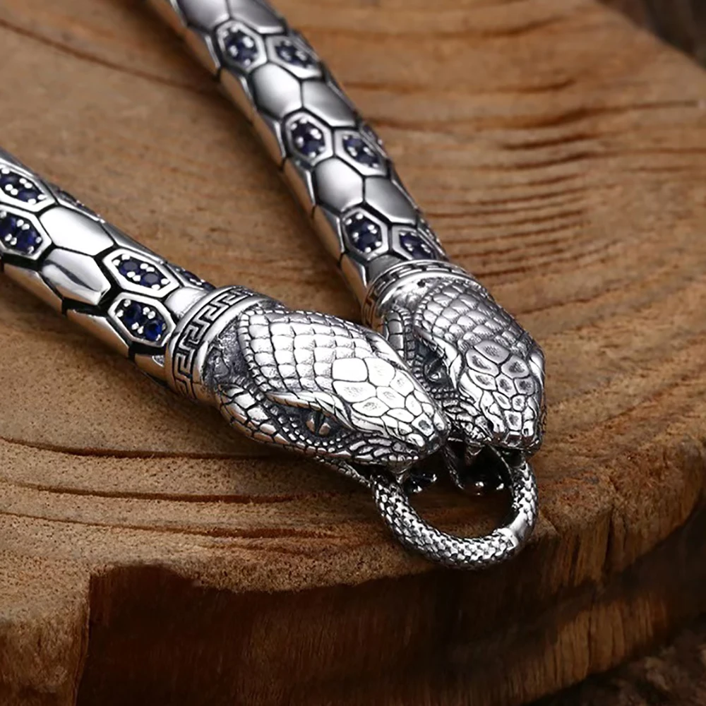 Vintage Punk Double Snake Head Bracelet Copper Plated Silver Inlaid Blue Zircon Men's Gothic Elastic Bangle Trendy Jewelry Gift