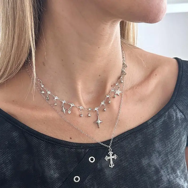 Punk-Rock Silberfarbene Vortex-Stern-Anhänger-Kette Mehrlagige Halskette für Frauen Männer Charms Y2k Grunge Accessoires Schmuck – Detail 18