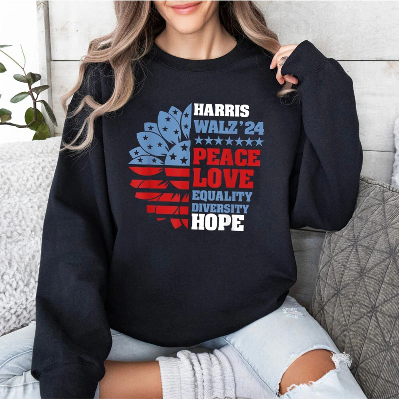 Harris Walz 2024 Peace Love Hope Printed Sweatshirts Women Fashion Sunflower Graphic Funny Streetwear Harajuku Female Sweatshirt