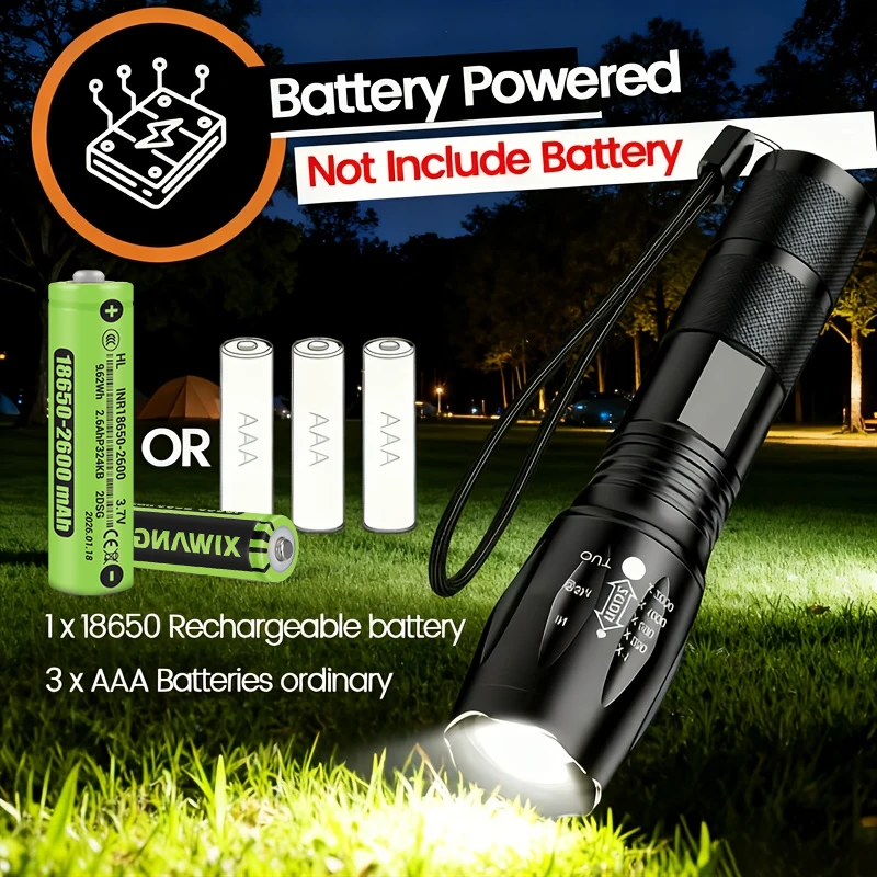 High Power T6 LED Flashlights Camping Torch 5 Light Modes Zoom Light Aluminum Alloys Waterproof Material External 18650 Battery