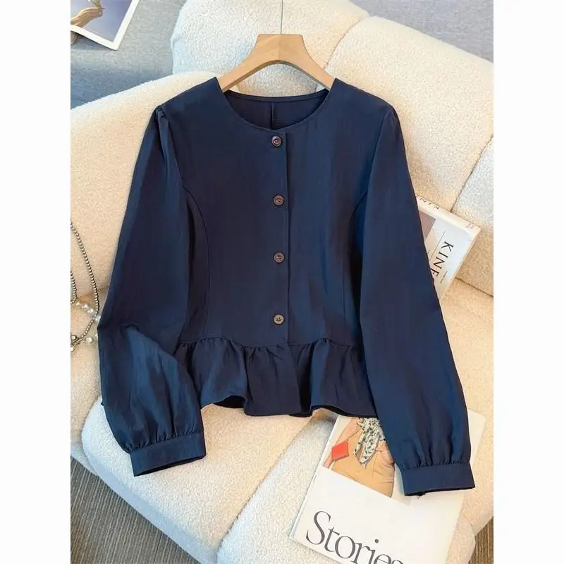 

Women's Early Autumn 2025 New Arrival Flattering Slimming Casual Blouse with Hemmed Ruffles in Navy Blue, Long Sleeve