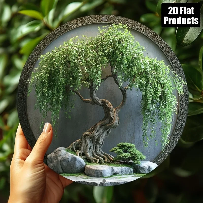 Ancient Bonsai Willow Tree Stone Landscape Tin Sign - Vintage Durable Metal Plaque Wall Decor, Zen Garden Oriental Home Wall Art