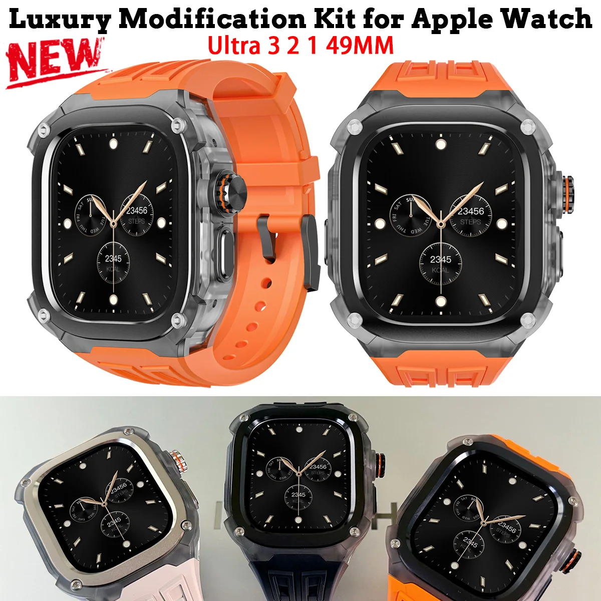 Luxury Modification Kit for Apple Watch Series Ultra 3 2 1 49MM Silicone Strap Stainless Steel PC Case for iWatch Ultra Mod Kit
