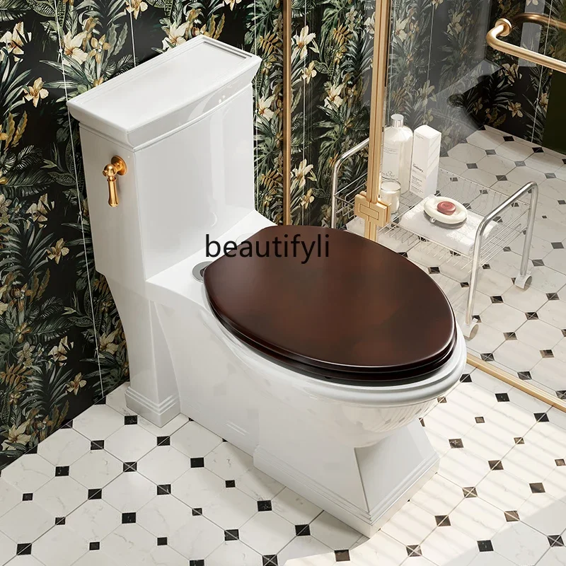 Classical French toilet, American retro solid wood cover one-piece toilet, all copper side press gold handle ceramic toilet