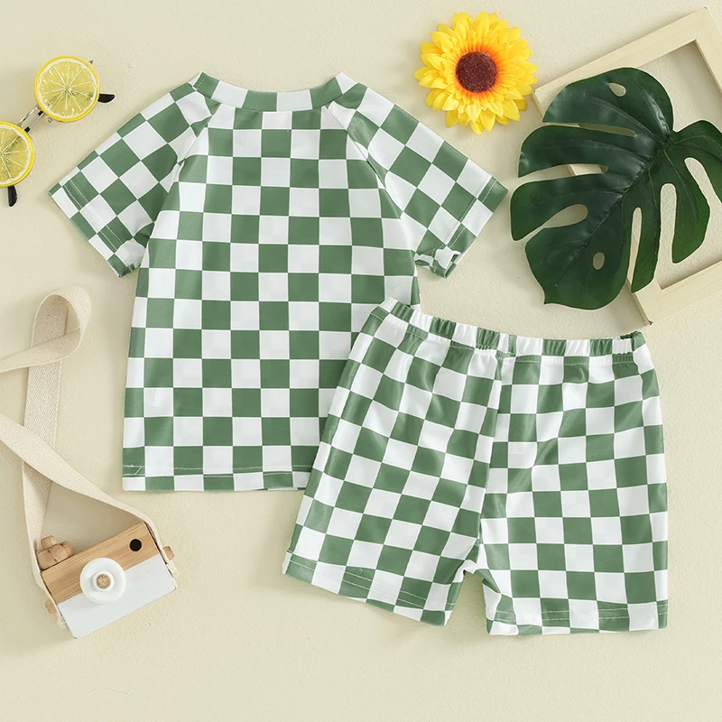 Toddler Baby Boy Girl Two Piece Swimsuit Set Checkered Short Sleeve Top Swim Trunk Rashguard Beach Swimwear Sunsuit