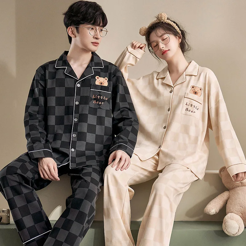 Couple Pajamas Cartoon Bear Cardigan Long Sleeve Long Pants Men Women Home Clothing Can Be Worn Out Set Soft Plaid Cute