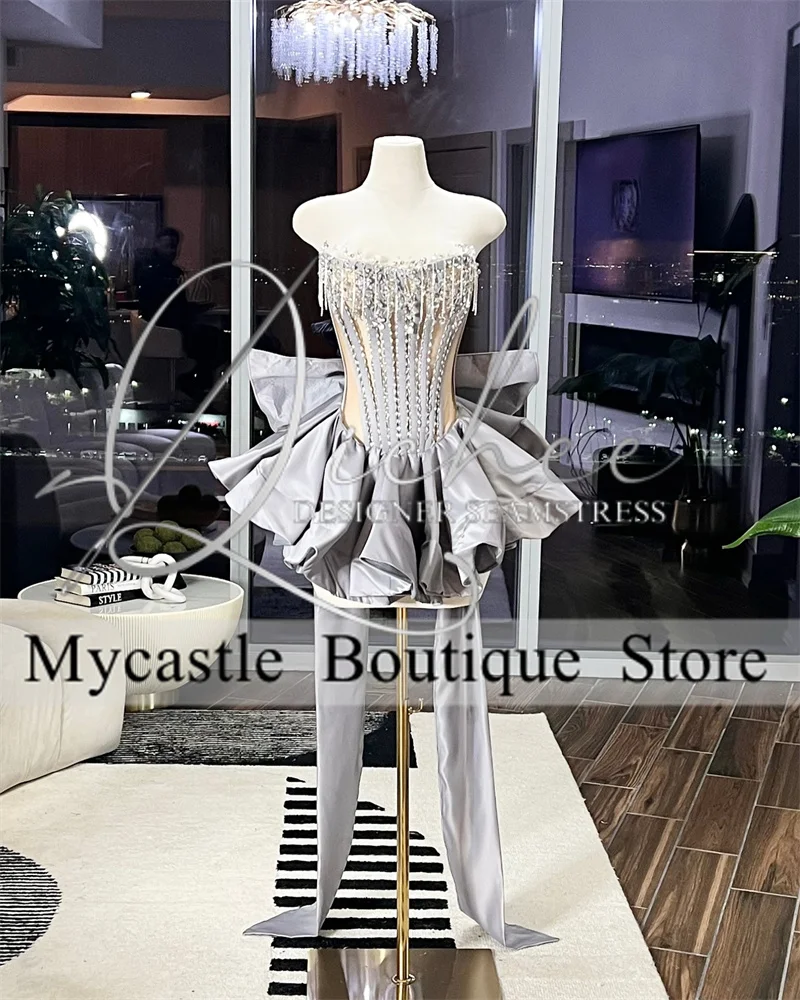 

New Arrivals Silvers Beaded Short Prom Dress 2025 With Bow Tassels Cocktail Dresses Ruffles Homecoming Dress Lace UP Customized