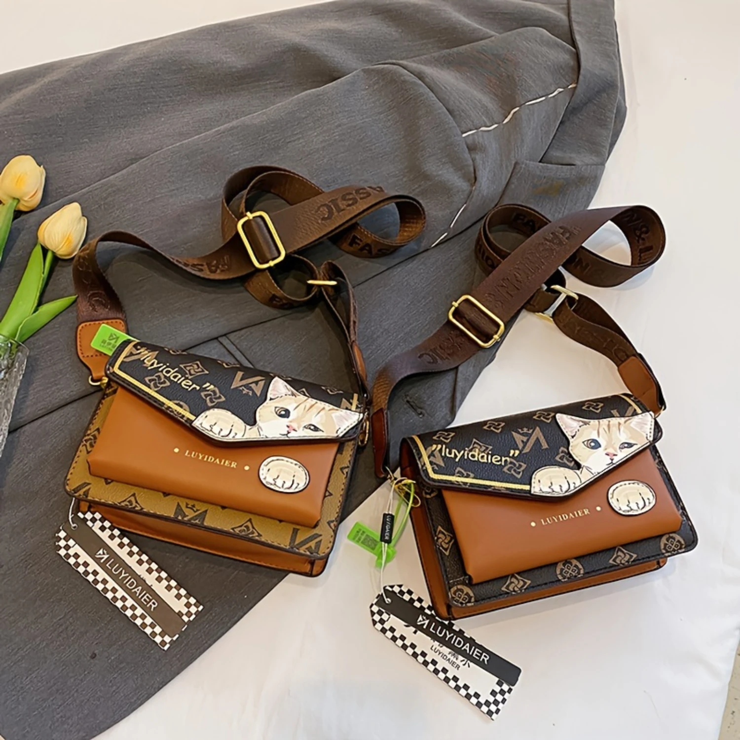 Shoulder Bag With Kawaii Cat Pattern, Mini Retro Plaid Pattern Crossbody Purse For Women