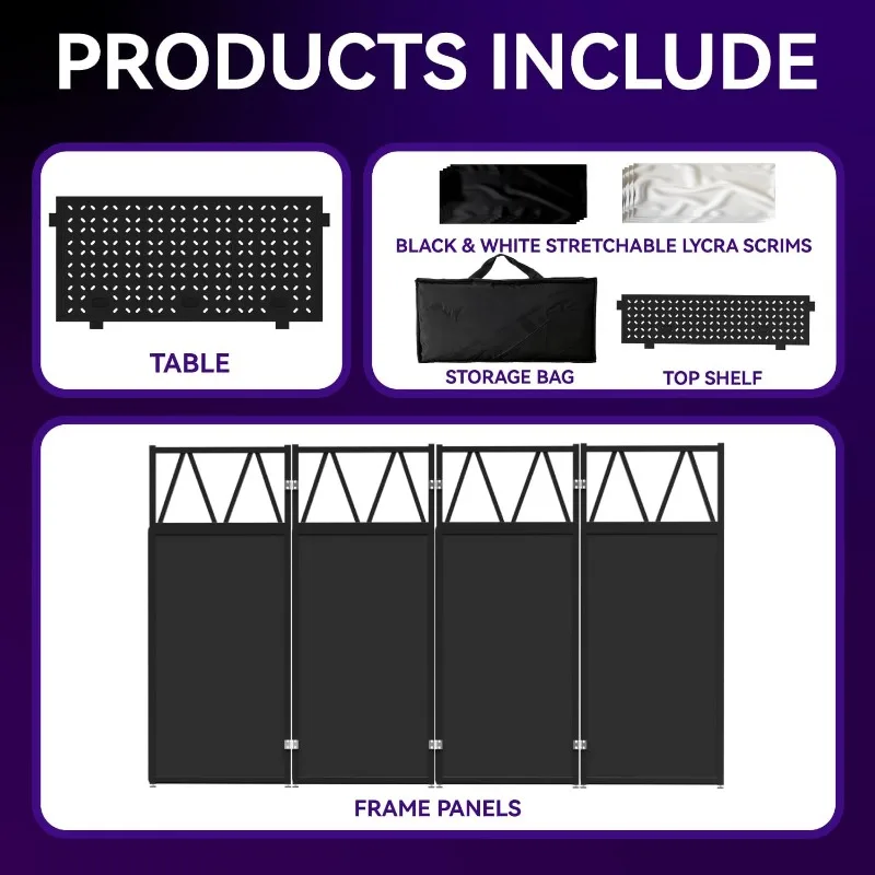 طاولة كشك DJ المحمولة، حامل طاولة DJ قابل للطي مع حواف بيضاء وسوداء، إطار معدني لمحطة طاولة واجهة DJ قابل للتعديل