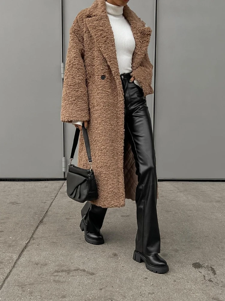 Abrigo largo liso de piel de cordero sintética para mujer, chaqueta holgada y esponjosa con un solo botón, abrigos de felpa de peluche, abrigo grueso y esponjoso, novedad de invierno