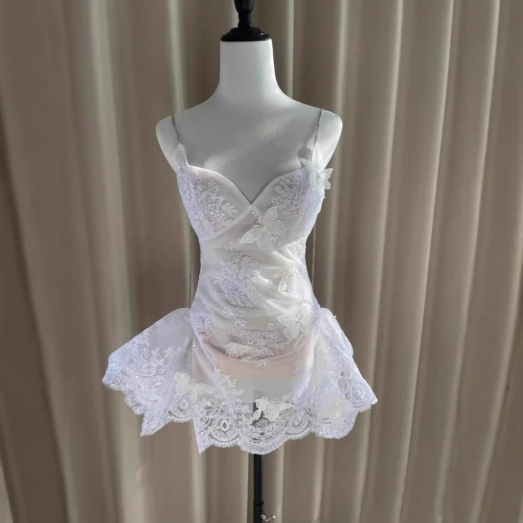 Sexy Lace Spaghetti Strap See Through Flower Dress for Women 2025 Summer High Waist Bodycon Mini Dresses Casual Holiday Outfits