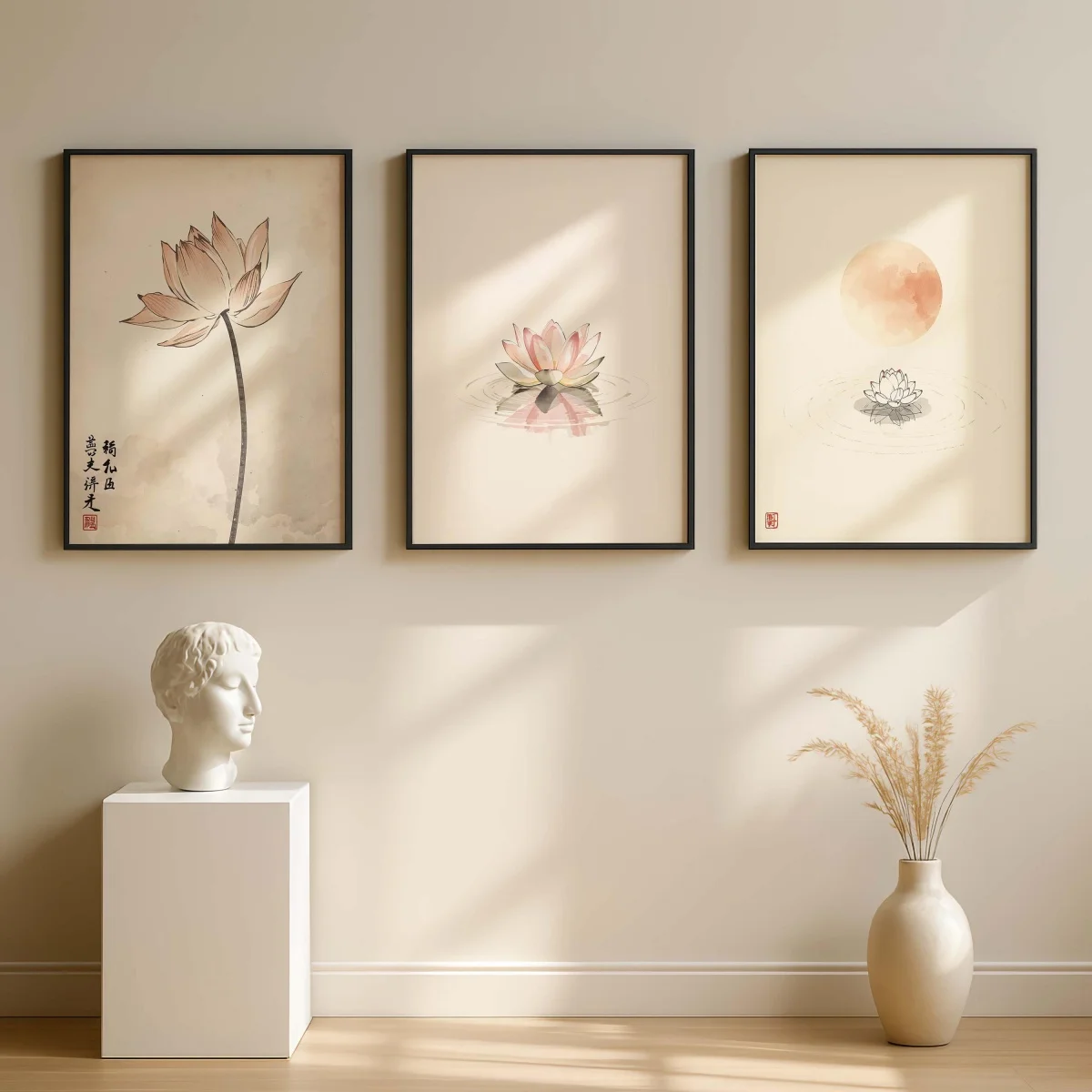 3pcs frameless Canvas Painting 3pcs/set Japanese Lotus Canvas Print Poster Japandi Wabi Sabi Zen Botanical Art Prints Living Roo
