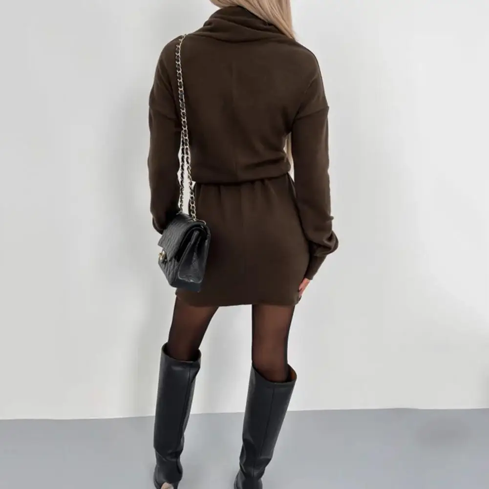 Осенне-зимнее женское платье, элегантное мини-платье на шнуровке с высокой талией для осени и зимы, женское облегающее длинное платье-футляр с высоким воротником