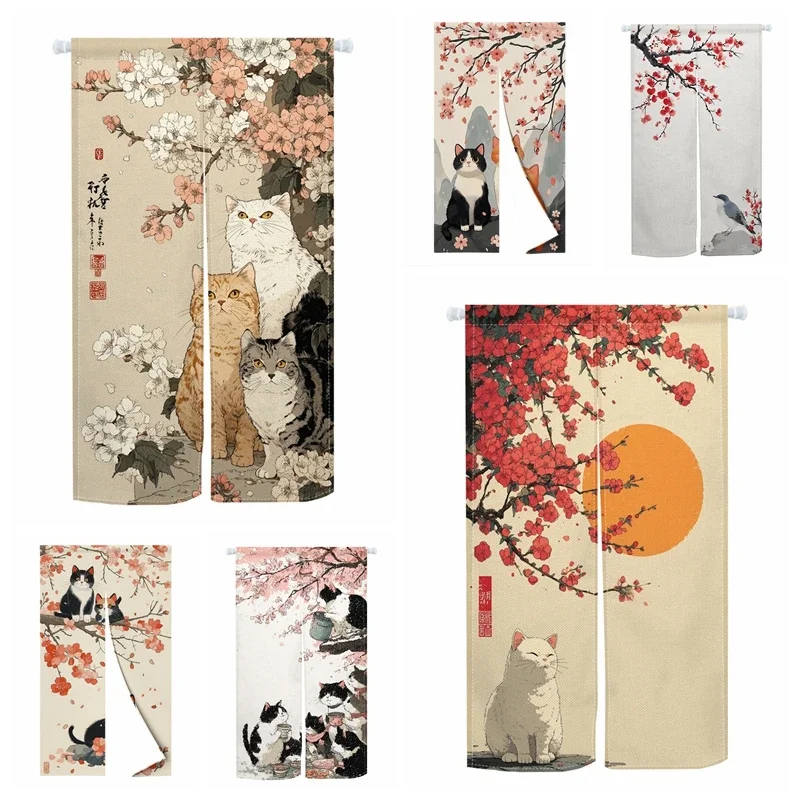 VIKAMA Japanese Ukiyo-e Cat Door Curtain Cherry Blossom Style Half-Panel Curtain Bedroom & Kitchen Room Divider Home Decor