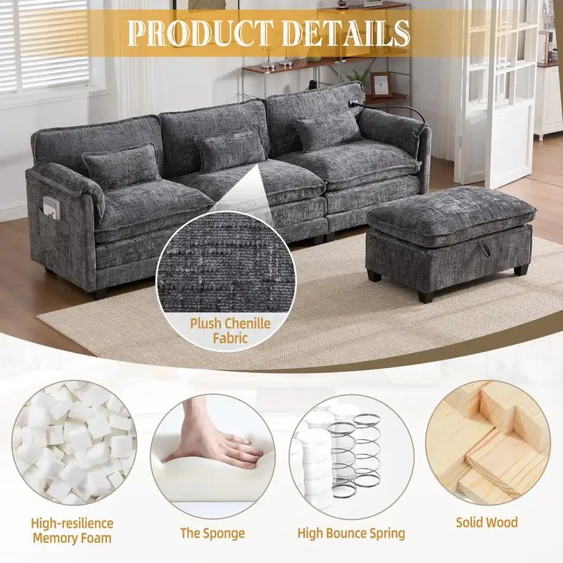 Sofa modułowa typu cloud couch do salonu, nowoczesna sofa w kształcie litery L z szenili, wygodny modułowy kanapowy zestaw do spania z ruchomymi elementami.