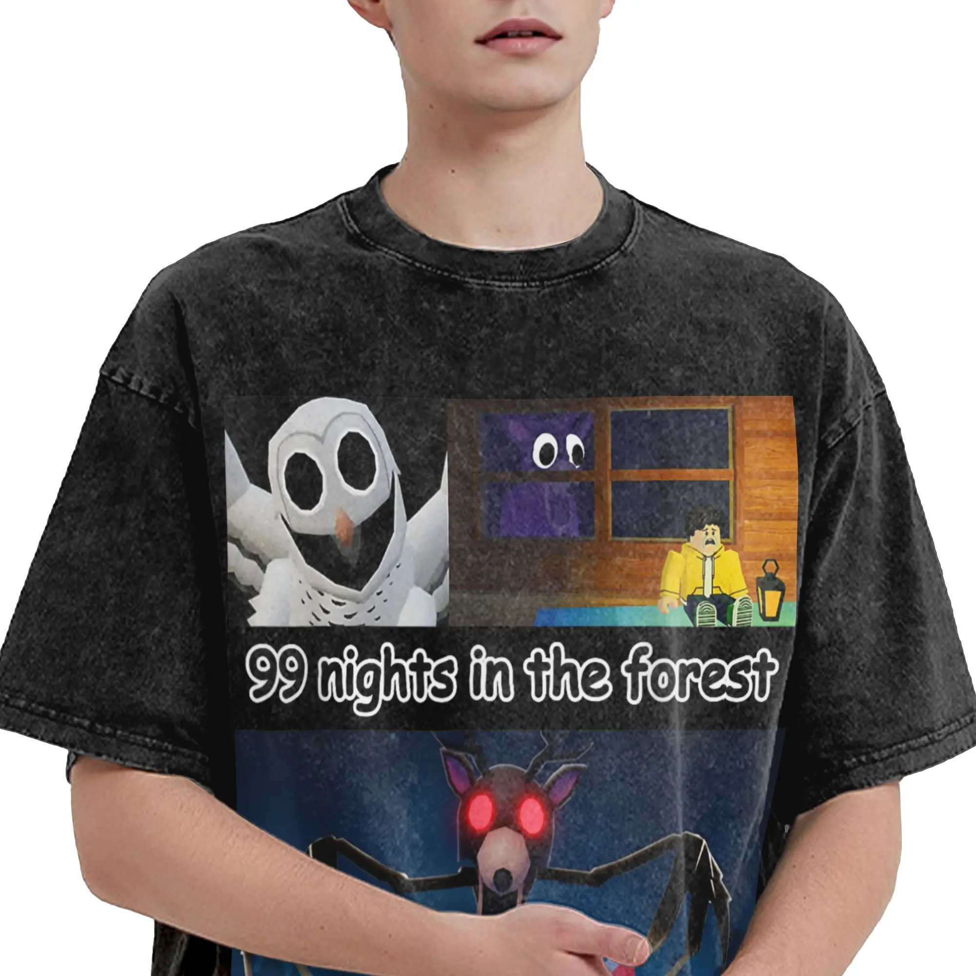 99 ليلة هالوين ألعاب الغزلان في الغابة تي شيرت للرجال الياقة المستديرة غسلها تي شيرت قصير الأكمام تي شيرت الملابس