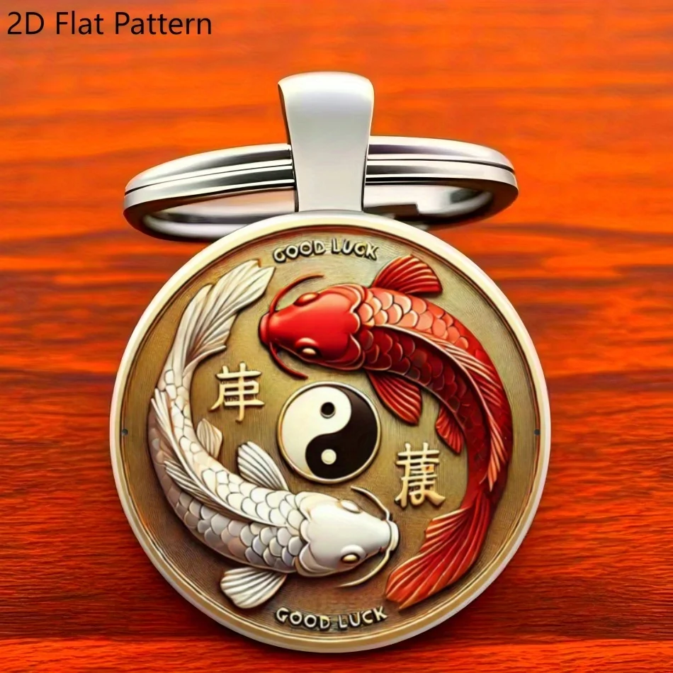 2D Flacher Glücksbringer Koi-Fisch Yin-Yang Schlüsselanhänger, Glas-Modeaccessoire, Geschenk für Ostern, Geburtstag, Abschluss, Muttertag, Vatertag – Detail 1