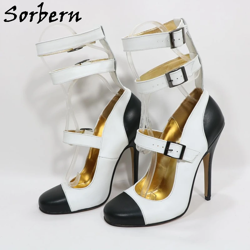 Sorbern Black And White Gladiator Style Women Pump Shoes Round Toe 14Cm High Heels Multi Buckles Stilettos Fetish Heeled