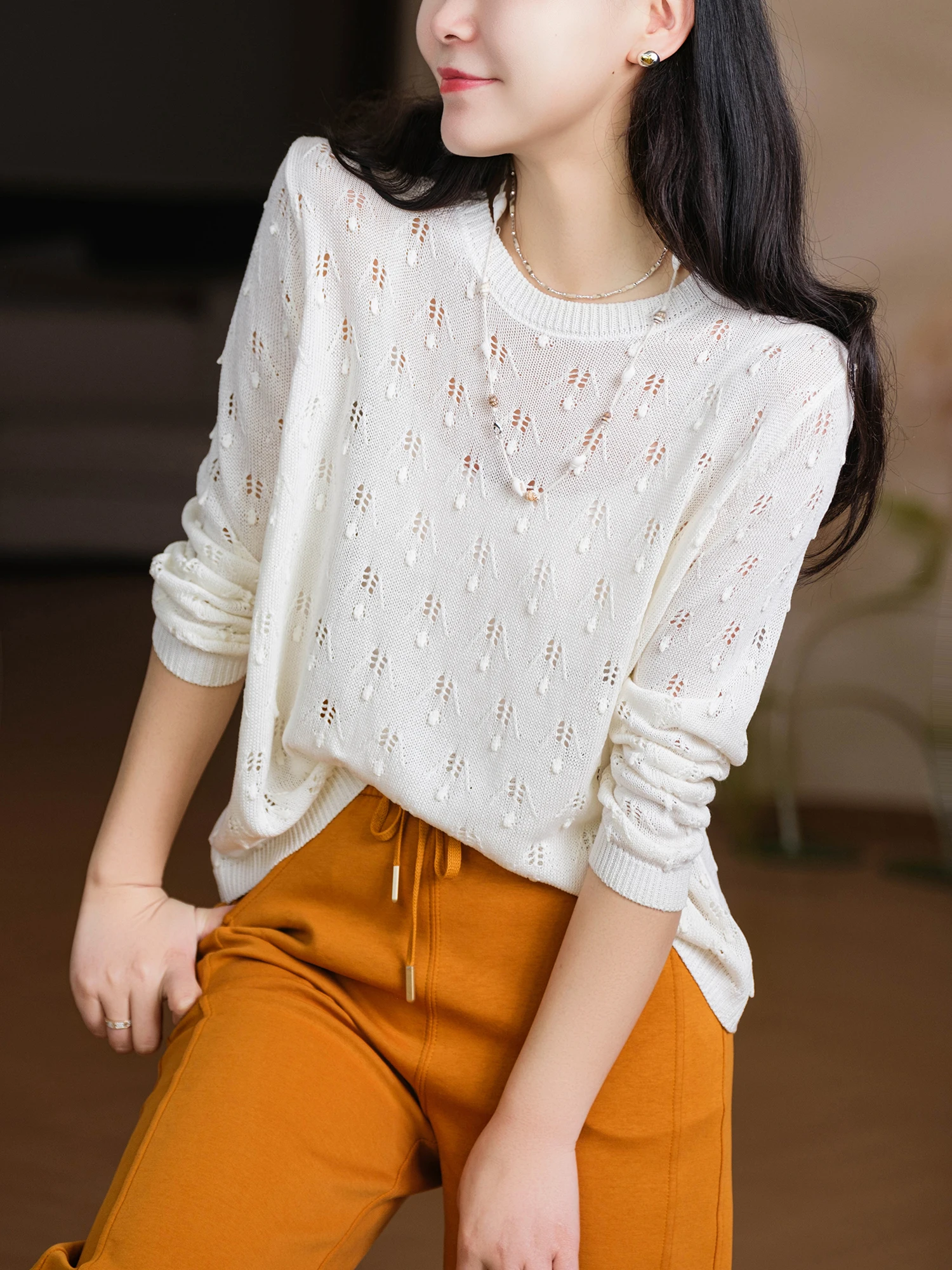 

Малогабаритное оборудование для производства наушников! Женский повседневный свободный свитер из льна (20%) и лиоцелла (27%) с 3D-текстурой и ажурным узором