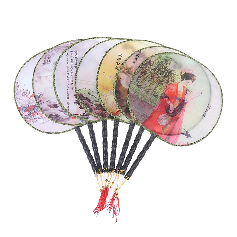 1pc 22cm Round Hand Fan Chinese Style Vintage Printing Silk Fan Wedding Dance Accessory Random Style