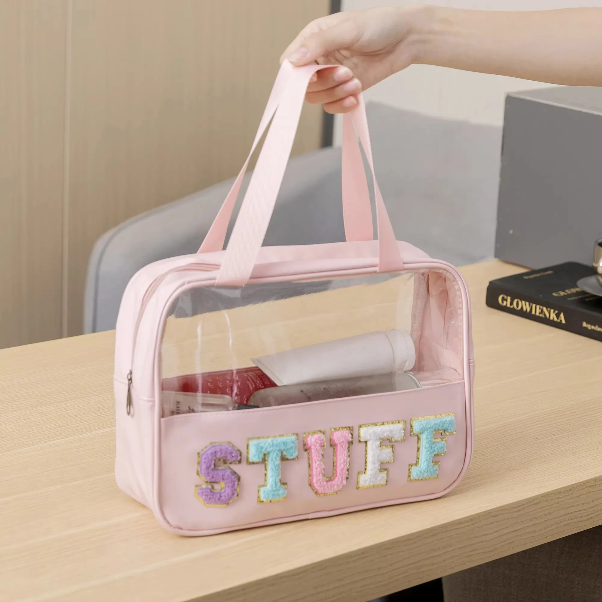 Preppy Clear TRAVEL Makeup Bags with Chenille Letter STUFF Patches Large Clear Make up Bag Zipper Pouch with Handle