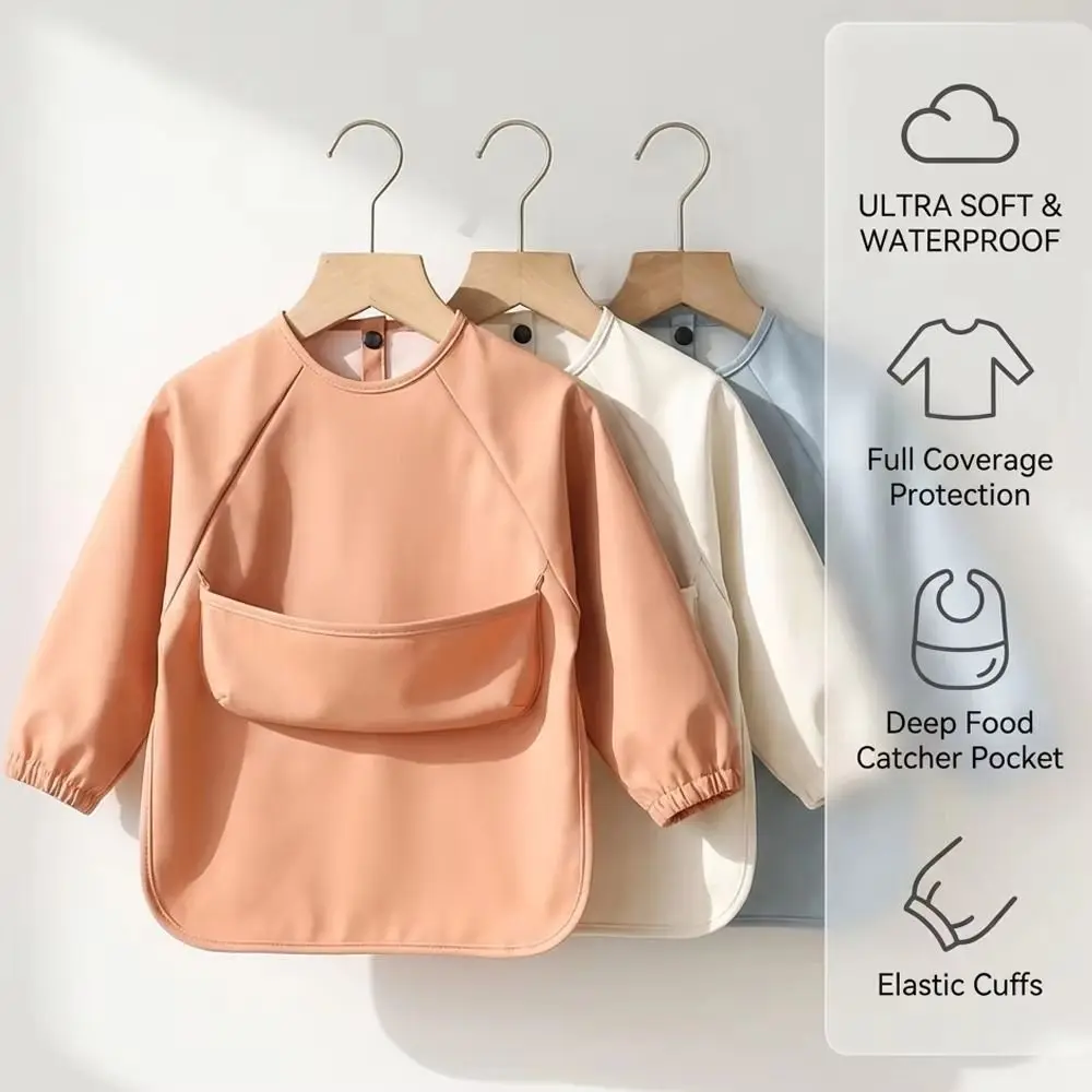 

Solid Color Baby Feeding Bib Soft Material Waterproof Long Sleeve Bib Reusable Easy Clean Washable Burp Cloth Kids Accessories