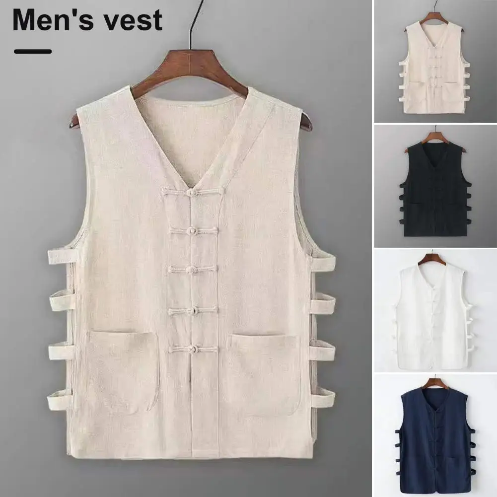 Men Vest Retro Disc Buckle Design Men's V-neck Sleeveless Tank Top Loose Fit Solid Color Casual Street Style Vest Versatile Men