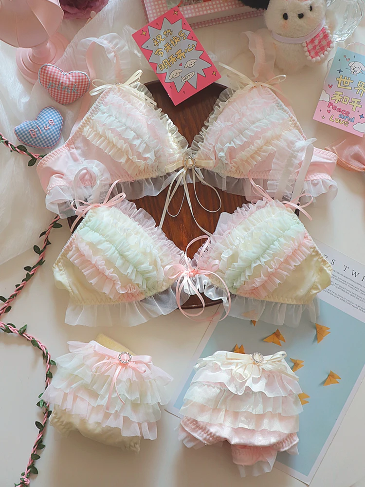 Teen heart ruffle cake layer underwear women large size bras sexy lingerie pure desire no steel ring bra set