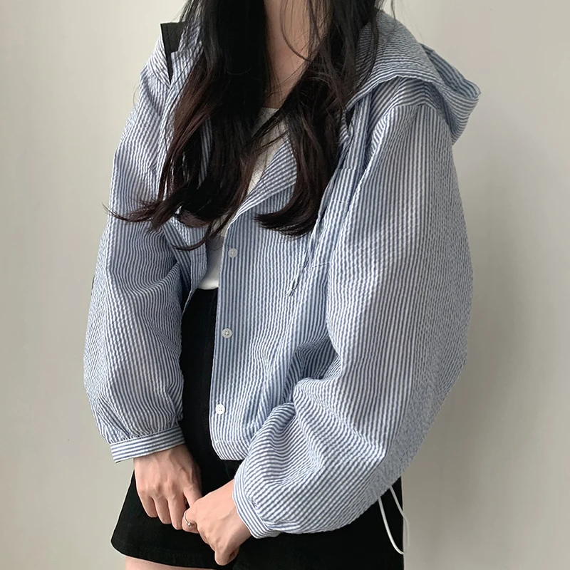 Chic Inizio Autunno Faion Strisce Verticali Colore Sang Con Cappuccio Allentato Casual Cappotto da Donna Button up Coreano Sle irt
