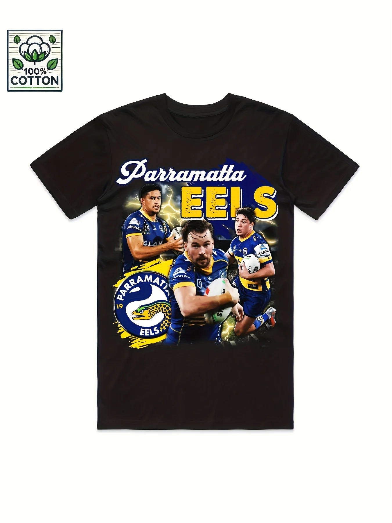 Men's Black Paramatta Eels Rugby League Graphic T-Shirt - 100% Cotton Breathable Sporty Tee with Vibrant Team Print, Lightweight