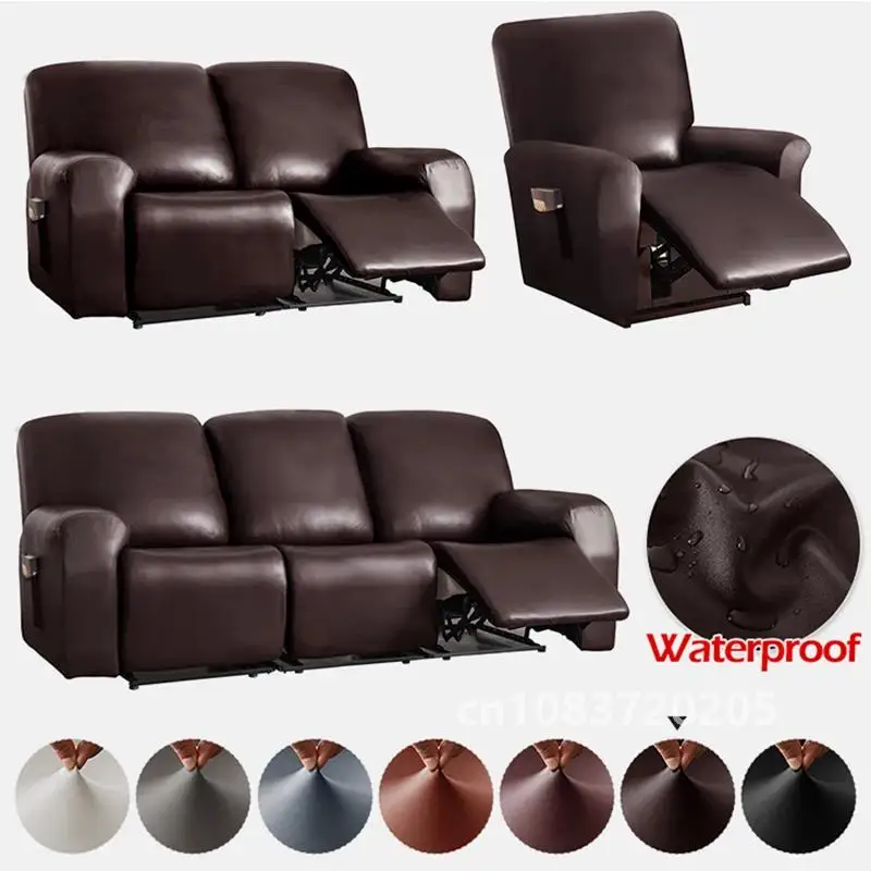 

1/2/3 Seat Waterproof Recliner Sofa Cover PU Leather Armchair Cover Solid Color Elastic Relax Single Sofa Slipcovers Living Room