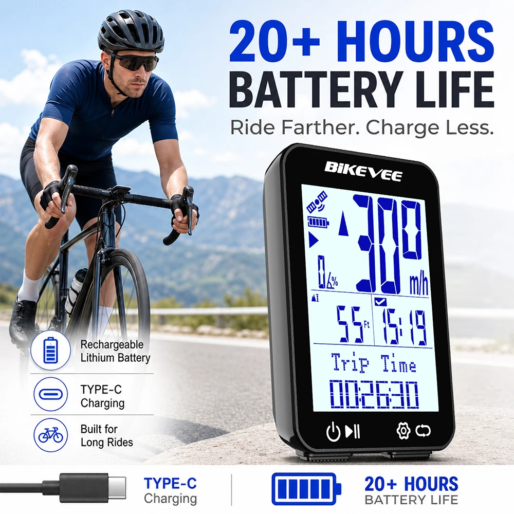 

Type-C Rechargeable GPS Bike Computer Wireless MPH KM/H Waterproof with Backlight Bicycle Speedometer Odometer Kilometer Counter