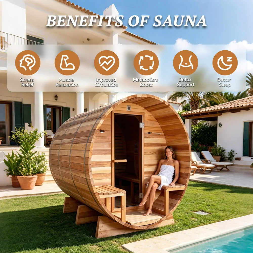 Advanced Insulated Outdoor Barrel Sauna For Swiss Market ETL Listed Smart WiFi Single Piece Red Cedar Modern Wellness Pod