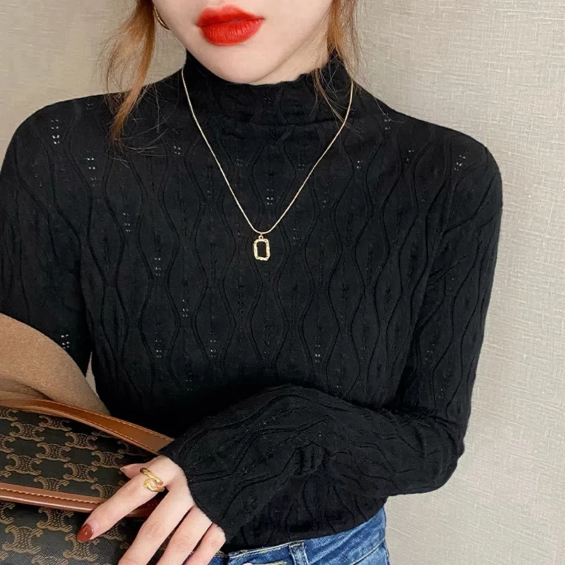 Women\'s Autumn and Winter Half High Collar Knitted Top New Stylish Versatile Sweater 129