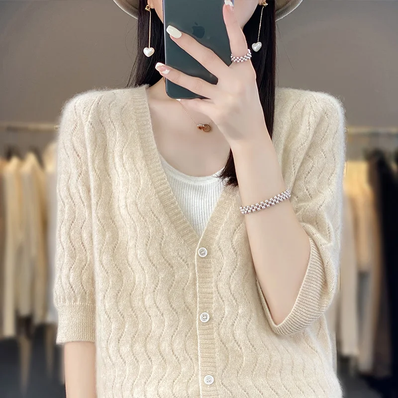 Women\'s T-shirt Summer New Line Hollow V-neck Fashion Knitted Loose Cardigan Top 100% Pure Wool Large Jacket Tank Top Tees