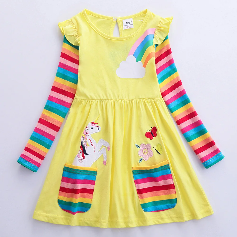 Girls\' Long Sleeve Unicorn Dress Autumn Embroidery Two Pockets Rainbow Sleeves 81035