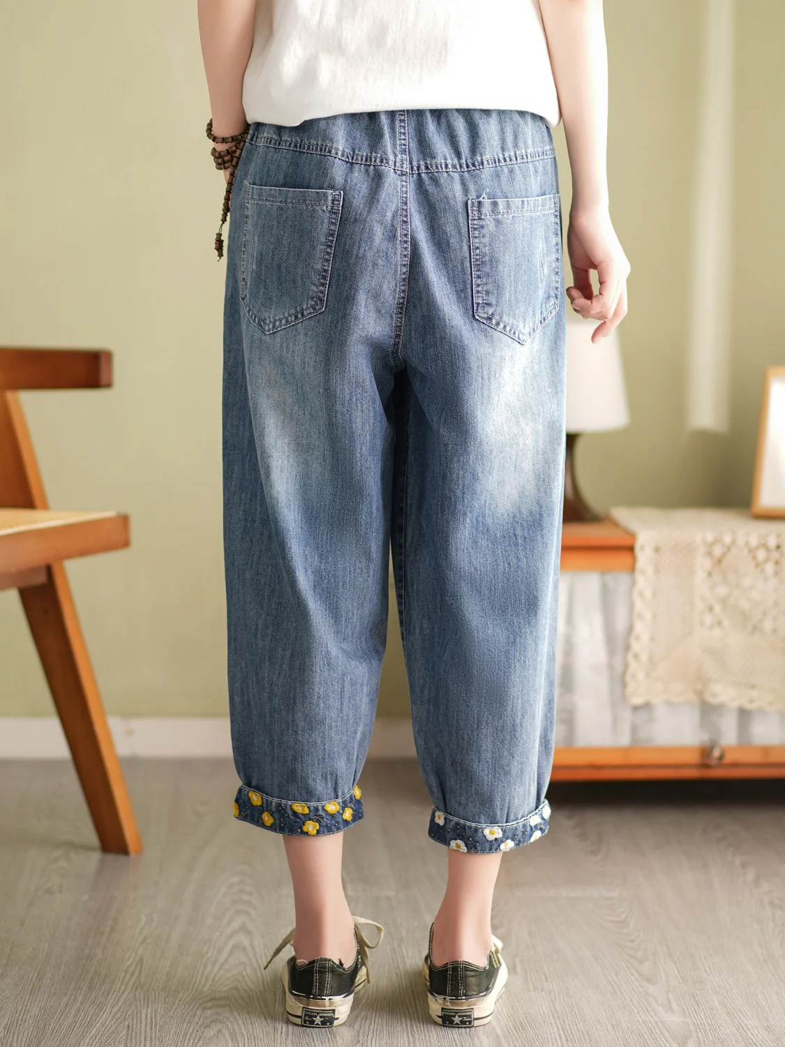 

Summer Thin High Waist Loose Harlan Jeans Women's Eight Parts Patchwork Embroidery Large Size Slimming Cabbage Pants