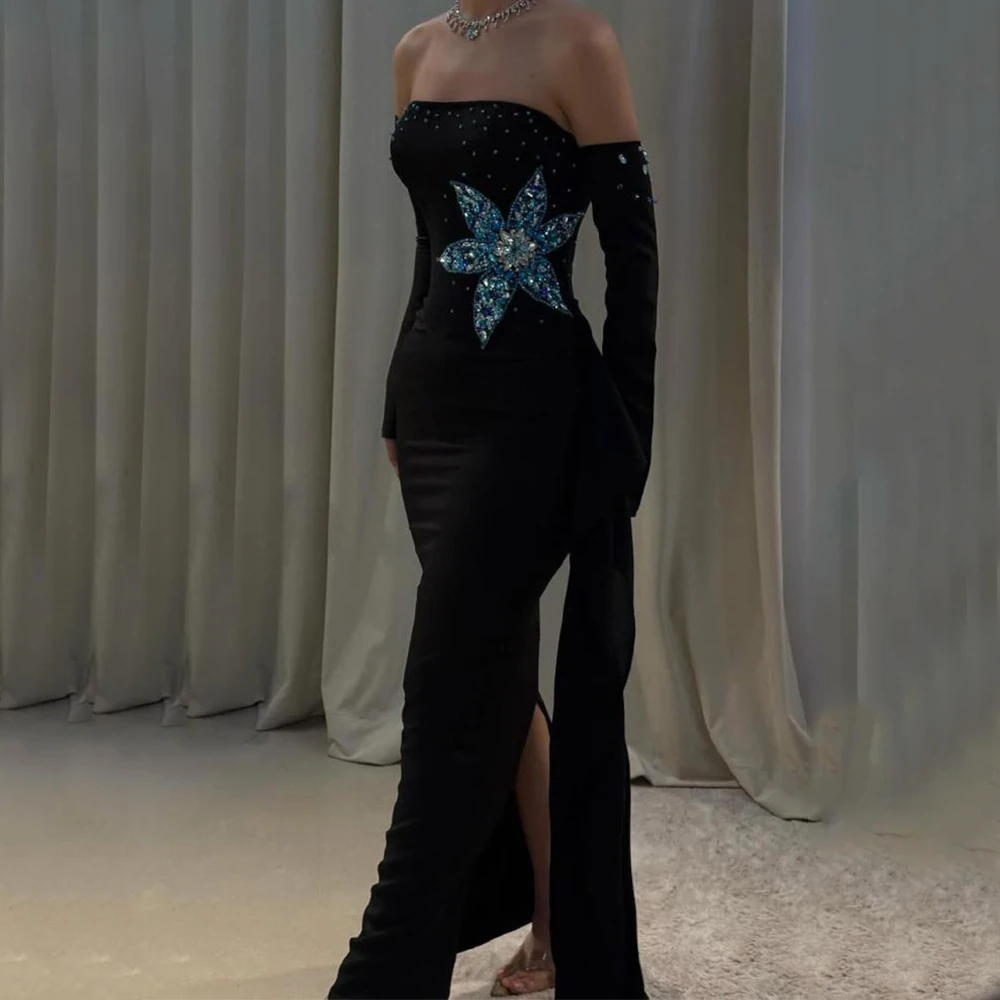 

DRESS RORU Strapless Black Off the Shoulder Evening Dress Sheath Floor Length Back Split Exquisite Beaded and Crystal Party Gown