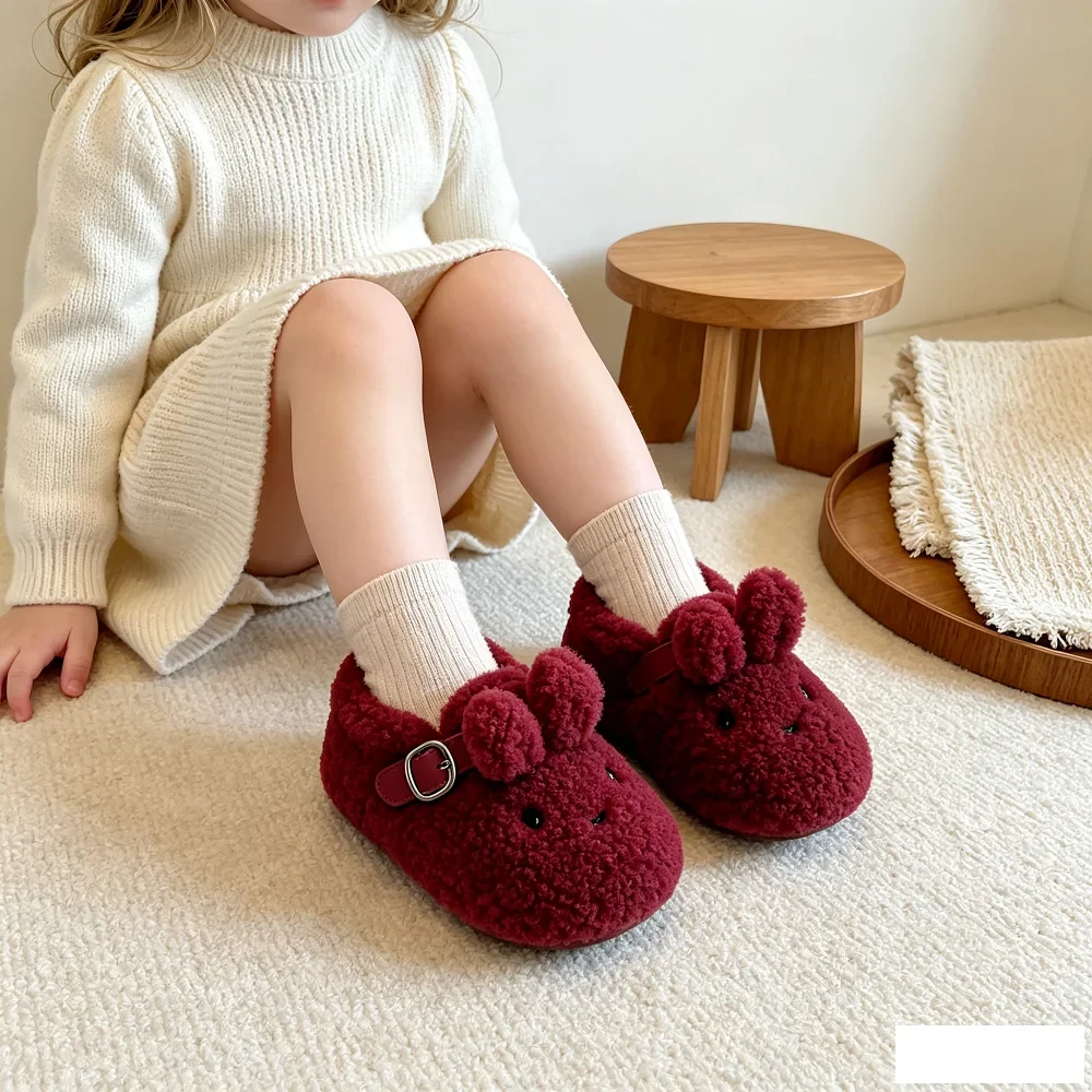 Toddler Girls Cute Bunny Fuzzy Shoes, Fleece Lined Buckle Strap Warm Non Slip Winter Flat Shoes for Daily Wear